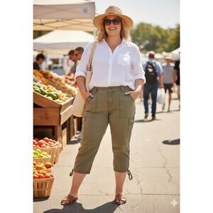 DKNY Women's Cargo Capri Pants Size 18W Khaki Utility Pockets Casual Used